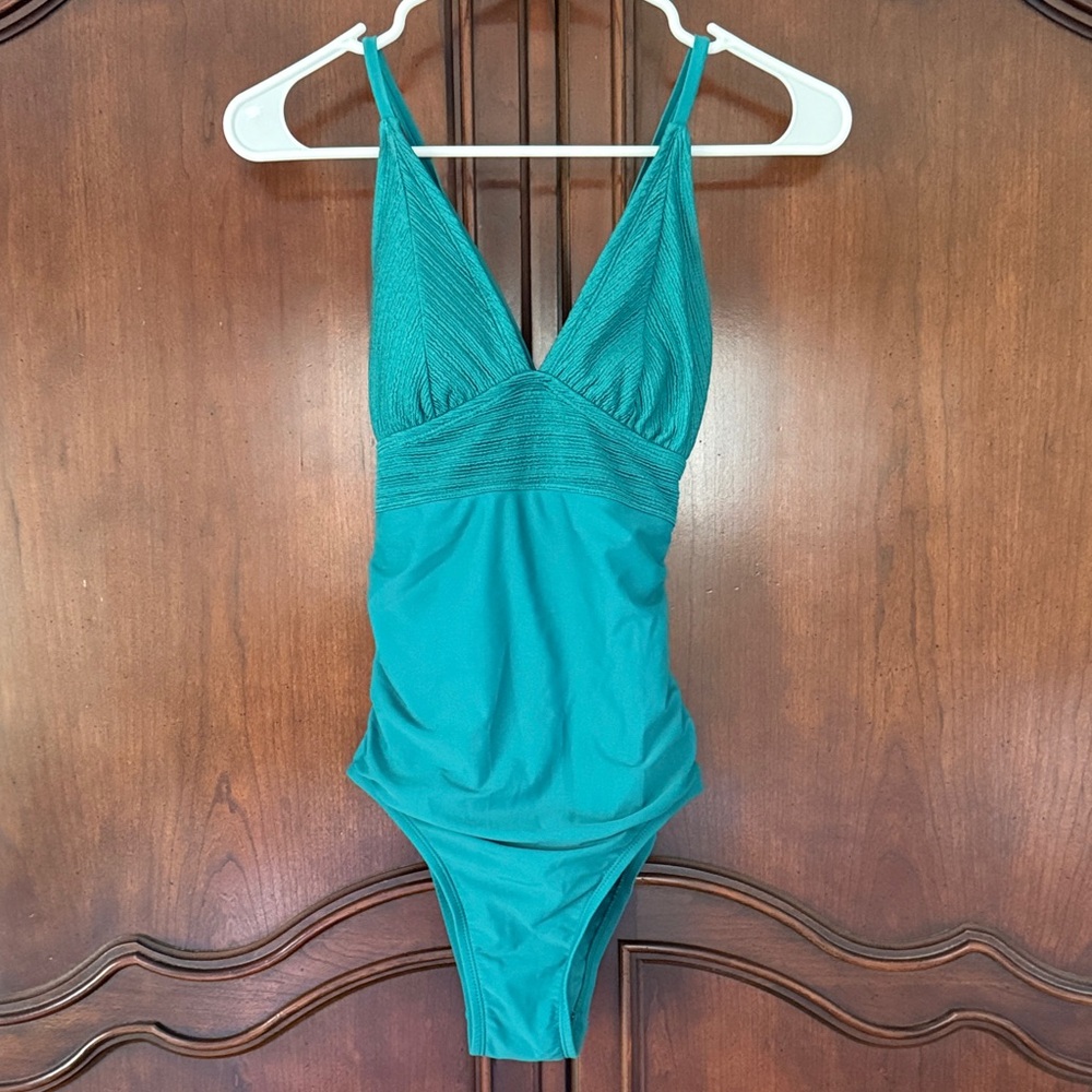 Kona Sol Teal One Piece Swimsuit Plunge V Neck Ruched Medium Coverage